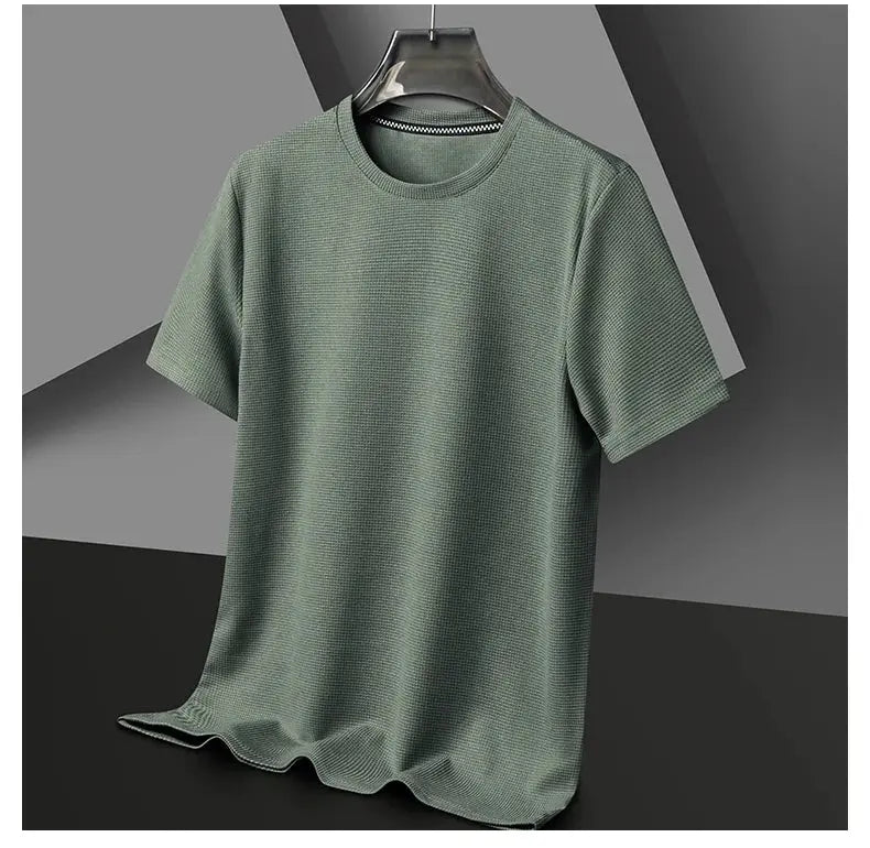New Summer Waffle Round Neck Short Sleeved T-shirt for Men's Short Sleeved Top My Store