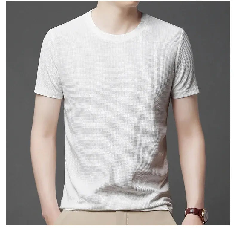 New Summer Waffle Round Neck Short Sleeved T-shirt for Men's Short Sleeved Top My Store