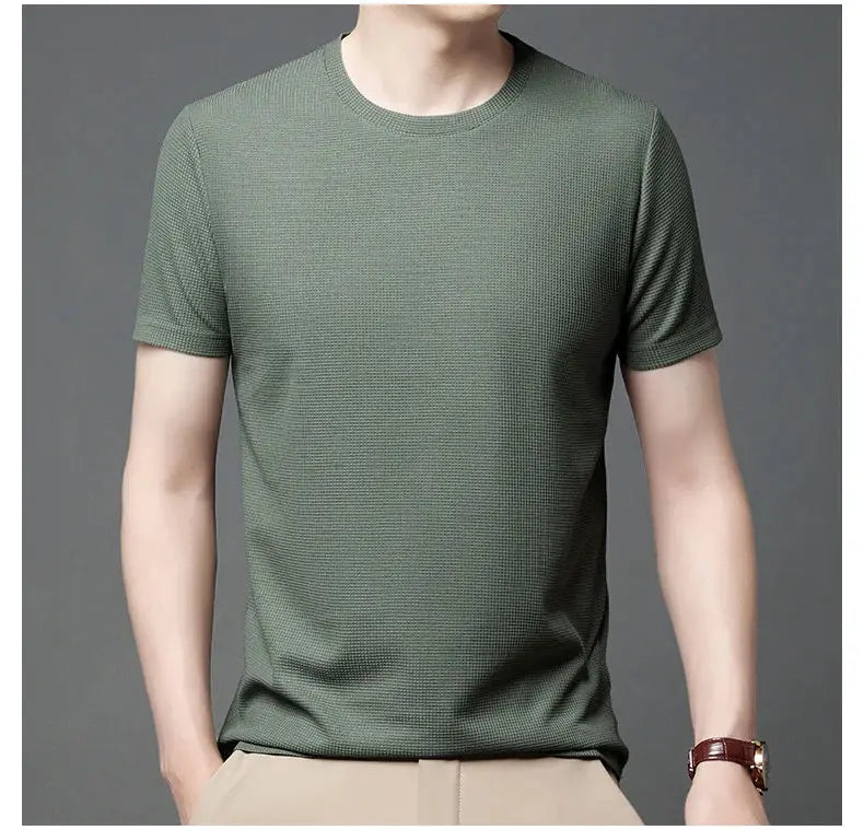 New Summer Waffle Round Neck Short Sleeved T-shirt for Men's Short Sleeved Top My Store