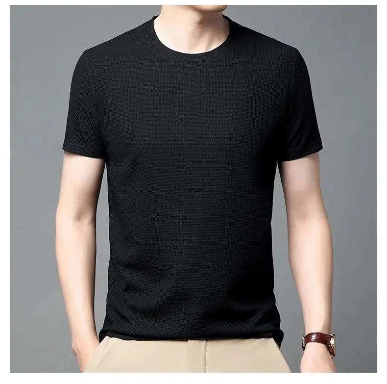 New Summer Waffle Round Neck Short Sleeved T-shirt for Men's Short Sleeved Top My Store