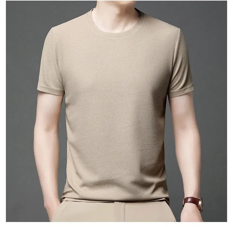 New Summer Waffle Round Neck Short Sleeved T-shirt for Men's Short Sleeved Top My Store