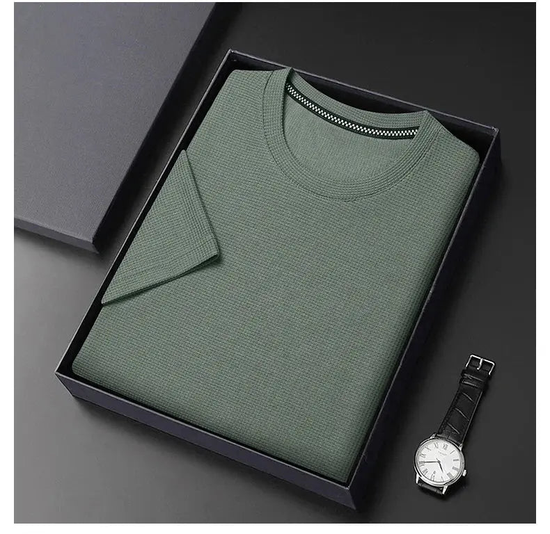 New Summer Waffle Round Neck Short Sleeved T-shirt for Men's Short Sleeved Top My Store