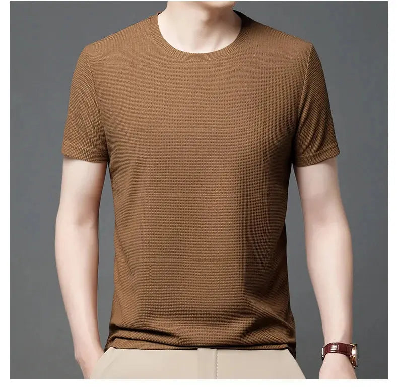 New Summer Waffle Round Neck Short Sleeved T-shirt for Men's Short Sleeved Top My Store